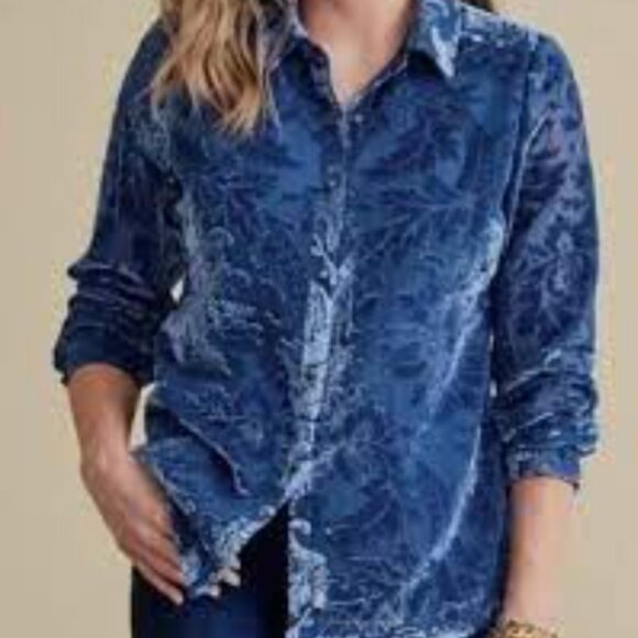 Soft Surroundings Floreat Velvet Burnout Shirt Womens M Sapphire Boho Classic - Picture 13 of 13